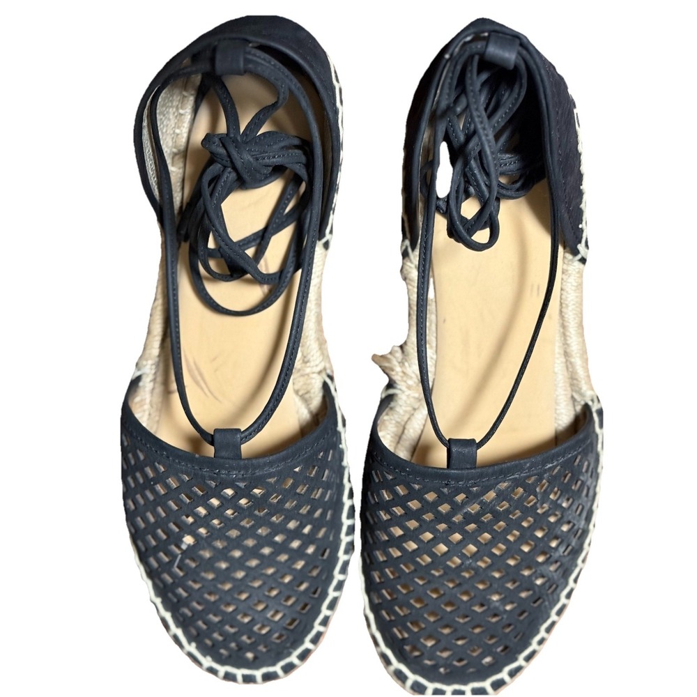 Frye Leo Lace Up Espadrilles Flats Perforated Black Leather‎ Size 7.5